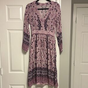 En Creme Boho Pink Purple Long Sleeve Midi Dress Romantic Size Small